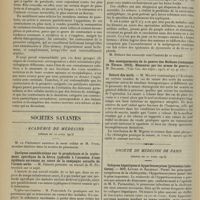 0792 - Page 780 - Congrès de l'association pour l'avancement des sciences (Tunis, 1913). XIIe section. Sciences médicales. Classification et traitement des contractures. M. Maurice Faure (Lamalou et Nice) / Sociétés savantes. Académie de médecine. (Séance du 22 avril 1913). Quelques considérations sur la prophylaxie et le traitement spécifique de la fièvre typhoïde à l'occasion d'une épidémie survenue au cours de la campagne actuelle de l'armée serbe. M. Debove, un travail de M. Petrovitch / Des enseignements de la guerre des Balkans (campagne de Thrace, 1912). Blessures par les armes de guerre. M. Delorme / Suture des nerfs. M. Mignon / Société de médecine de Paris. (Séance du 11 avril 1913). Coliques hépatiques et hyperleucocytose (processus infectieux). MM. Lutier et Salignat