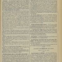 0869 - Page 859 - Sociétés savantes. Société de chirurgie. (Séance du 4 mai 1913). Hernie inguino-interstitielle chez la femme. M. Auvray, à propos d'un rapport de M. Broca / Colopexie. M. Lenormant / La péricardotomie dans la péricardite tuberculeuse. M. Jacob, sur un cas de péricardotomie pratiquée par M. Jacob / Greffes graisseuses dans la plèvre. M. Tuffier / Rhinoplastie. M. Morestin / La gymnastique musculaire dans les cas de ptose abdominale. M. Walther / Société de médecine de Paris. (Séance du 26 avril 1913). Corps étrangers et radiologie. M. Raymond Bonneau / Colique hépatique et hyperleucocytose. M. Monsseaux