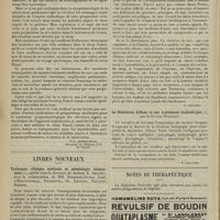0976 - Page 968 - Pratique médicale. Sur une préparation très utile dans la symptomatologie de la tuberculose pulmonaire. [Pr R. Massalongo] / Livres nouveaux. Technique clinique médicale et séméiologie élémentaire, publié sous la direction du Docteur E. Sergent avec ka collaboration de MM. Ribadeau-Dumas, Lian, d'Heucqueville, Fecarotta, St. Chauvet, Pruvost, Hazard. [B. Gayard] / La dépilation diffuse et son traitement biokinétique, par le Docteur Bulliard. [P. Gastinel] / Notes de thérapeutique