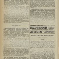 1030 - Page 1022 - Sociétés savantes. Société d'études scientifiques sur la tuberculose. (Séance de février 1913). La percussionquantimétrie. M. Louis Rénon / La réaction locale consécutive à l'injection probatoire de tuberculine. M. Rist / (Séance de mars 1913). Signification pronostique de la figure neutrophile sanguine d'Arneth dans la tuberculose pulmonaire. MM. Fernand Arloing et E. Brissaud / Sur la prétendue bacillémie des tuberculeux. MM. Rist, Armand-Delille et Lévy-Brühl / Valeur comparée des méthodes de Much et de Ziehl pour la coloration du bacille tuberculeux. MM. Armand-Delille et Lévy-Bruhl / Lésions rénales obtenues par injection intracardiaque de bacilles de Koch chez des chiens atteints de tuberculose. MM. E. Rist et Léon Kindberg / Présence de bacilles de Koch virulents en divers points de l'organisme de sujets morts de tuberculose pulmonaire chronique. MM. P. Ameuille et Léon Kindberg / Actes de la Faculté de médecine de Paris du 9 au 14 juin 1913. Thèses