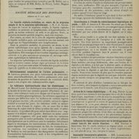 1091 - Page 1083 - Sociétés savantes. Académie de médecine. (Séance du 10 juin 1913). Epuration des huîtres par la stabulation. M. Fabre-Domergue / La loi de 1838 sur les aliénés. M. Ballet / Société médicale des Hôpitaux. (Séance du 6 juin 1913). Le liquide céphalo-rachidien au cours de la migraine simple et de la migraine ophtalmique. M. J.-A. Sicard / Rétrécissement congénital de l'artère pulmonaire. M. Letulle / La tolérance hydrocarbonée chez les diabétiques. M. Marcel Labbé / Société de biologie. (Séance du 7 juin 1913). Contribution à l'étude de l'épreuve du nitrite d'amyle. MM. F. Belloir et Dubos / Contribution à l'étude du ralentissement digitalique du pouls. MM. O. Josué et F. Belloir / Action de la toxine diphtérique. M. Aug. Pettit / Influence du régime alimentaire sur le développement du cancer inocule des souris blanches. MM. Danysz et Skszynski / Immunité leucocytaire générale. MM. Lassablière et Richet / Origine et valeur cellulaire des éléments qui constituent les follicules clos tégumentaires. MM. Reiterer et Lelièvre