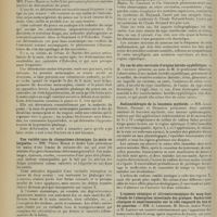 1306 - Page 1298 - Sociétés savantes. Société médicale des Hôpitaux. (Séance du 11 juillet 1913). Deux variétés fréquentes de déformations rhumatismales séniles du pouce. La nodosité du pouce. Le pouce en Z. MM. Pierre Marie et André Léri / Une variété rare de rhumatisme chronique. La main en lorgnette. MM. Pierre Marie et André Léri / Vaccinothérapie entityphique. M. Netter / Trois nouvelles observations de côtes cervicales remarquables par quelques particularités cliniques. MM. Pierre Marie, O. Crouzon et Ch. Châtelin / Un cas de côte cervicale d'origine hérédo-syphilitique. M. Crouzon, au nom de M. le Professeur Gaucher / Radiumthérapie de la leucémie-myéloïde. MM. Louis Rénon, Degrais et Desbouis / L'examen chimique et ultramicroscopique du sang dans l'étude de l'absorption intestinale des graisses. Recherches cliniques et expérimentales sur le rôle respectif du foie et du pancréas. MM. A. Lemierre, M. Brulé, André Weill et M. Laudat