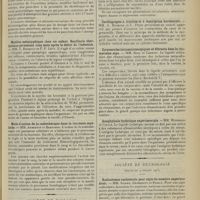 1307 - Page 1299 - Sociétés savantes. Société médicale des Hôpitaux. (Séance du 11 juillet 1913). L'examen chimique et ultramicroscopique du sang dans l'étude de l'absorption intestinale des graisses. Recherches cliniques et expérimentales sur le rôle respectif du foie et du pancréas. MM. A. Lemierre, M. Brulé, André Weill et M. Laudat / Myélite métatyphique chez un enfant. Bacillurie éberthienne persistant cinq mois après le début de l'infection. MM. J. Renault et P. P. Lévy / Mode d'action de la radiothérapie dans la leucémie myéloïde. MM. Aubertin et Beaujard / Société de biologie. (Séance du 12 juillet 1913). Influence de l'adrénaline sur l'anesthésie par le chloralose. MM. Jean Gautrelet et Paul L. Briault / Contribution à l'étude des phénomènes circulatoires dans l'anaphylaxie adrénalique. MM. Jean Gautrelet et Paul Briault / Cardiographe à traction et à inscription horizontale. MM. A. Richaud et C. Pezzi / Corpuscules intramicroscopiques et filtrants dans le rhumatisme aigu. MM. Bosc et Carrieu / Anaphylaxie hydatique expérimentale. MM. Weinberg et Ciucca / Société de neurologie. (Séance du 9 juillet 1913). Radicotomie unilatérale pour algie du membre supérieur droit. MM. Sicard, Desmarets et Reilly / Syringomyélie avec signe d'Argyll Robertson. MM. Sicard et Galezowski