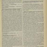 1619 - Page 1611 - XVIIe Congrès international de médecine. Tenu à Londres, du 6 au 12 août 1913. Section de thérapeutique. Les procédés défensifs de l'organisme contre les substances étrangères dans le sang. MM. J. C. Mc. Walter... et E. Abderhalden... / Mode d'action et emploi des analgésiques et des hypnotiques (les anesthésies locales et générales exceptées). M. A. R. Cushny... / Radiumthérapie de la leucémie myéloïde. MM. L. Renon, Degrais et Dreyfus... / Le traitement du diabète et de la glycosurie. M. N. Tirard... / Rapport sur le traitement curatif de la tuberculose pulmonaire par les vapeurs d'arsenic. M. Chavaut... / Quelques indications de l'air surchauffé en thérapeutique. M. Vignat...