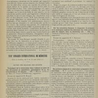 1738 - Page 1730 - Actualités. Le pronostic de la tuberculose pulmonaire. [M. Brelet] / XVIIe Congrès international de médecine. Tenu à Londres, du 6 au 12 août 1913. Section des maladies des enfants. Traitement de la tuberculose dans l'enfance au point de vue chirurgical en considérant spécialement les os, les articulations et les glandes. MM. V. Ménard... et J. Stiles... / Sur les caractères cliniques, le diagnostic, le pronostic, et le traitement médical des infections des voies urinaires chez les enfants, dues au bacterium coli. MM. John Thomson... et Francesco Valagussa... / Des premiers signes de la tuberculose pulmonaire chez le nourrisson. M. P. Pee...