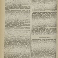 1894 - Page 1886 - Analyses. Médecine. Les sténoses inflammatoires chroniques de la région cardiaque de l'oesophage. (G. Liébault. Th. de Paris...). [M. Brelet] / Etiologie et signification pathologique des membranes péricoliques. (David Cheever. Journ. amer. med. Assoc...). [F. Gardner] / Traitement de l'hyperthyroïdisme par les injections d'eau bouillante. (Miles F. Porter. Journ. amer. med. Assoc...). [F. Gardner] / Médecine infantile. Spondylite typhique. Nouveau cas observé chez l'enfant. (Ardin-Delteil, M. Reynaud, Max Coudray, Arch. de méd. des enfants...). [B. Gayard] / Sur un cas singulier d'hérédo-syphilis nerveuse. (Terrien, Babonneix et Dautrelle. Soc. de pédiat...). [B. Gayard]