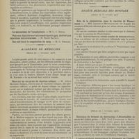 2058 - Page 2050 - Sociétés savantes. Académie des sciences. (Séance du 3 novembre 1913). La physiologie de l'appendice vermiculaire. M. R. Robinson / Signes respiratoires de la fatigue. M. Jules Amar / Académie de médecine. (Séance du 11 novembre 1913). Note sur un cas grave de réaction colique. M. Albert Mathieu / Société médicale des Hôpitaux. (Séance du 31 octobre 1913). Rôle de la cholestérine dans la réaction de Wassermann. MM. Louste et Montlaur / (Séance du 7 novembre 1913). Existence du ferment de destruction d'Abderhalden au cours de l'ictère grave. MM. Noël Fiessinger et Broussolle / L'amino-acidurie provoquée et le diagnostic de l'insuffisance hépatique (épreuve de l'ingestion de peptone). MM. Marcel Labbé et H. Bith