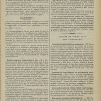 2059 - Page 2051 - Sociétés savantes. Société médicale des Hôpitaux. (Séance du 7 novembre 1913). L'amino-acidurie provoquée et le diagnostic de l'insuffisance hépatique (épreuve de l'ingestion de peptone). MM. Marcel Labbé et H. Bith / Guérison apparente d'une cirrhose du foie. M. L. Galliard / Etude expérimentale sur une maladie infectieuse caractérisée par un syndrome méningé avec ictère. Son rapport avec la maladie de Heine-Medin. M. Jean Pignot / Société de neurologie. (Séance du 6 novembre 1913). Paraplégie par poliomyélite ou compression. MM. Bloch et Laignel-Lavastine / Syndrome de Brown-Séquard par syringomyélie cervicale supérieure. MM. Jumentié et Krebs / Orteil en flexion dans la sclérose latérale amyotrophique. M. Chatelin / Mouvements conjugués des hémiplégiques. MM. Babinski et Jarkowski