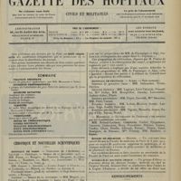 2145 - Page 2137 - Sommaire / Chronique et nouvelles scientifiques. Hôpitaux de Paris / La réintégration des soeurs dans les Hôpitaux / Hôpitaux de Province / Écoles de médecine / Hommage au Docteur Lesage / Renseignements