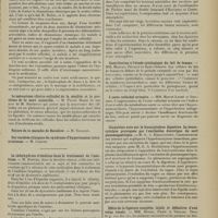2153 - Page 2145 - Sociétés savantes. Académie de médecine. (Séance du 25 novembre 1913). Emploi du soufre colloïdal dans le traitement du rhumatisme. M. Robin, en son nom et au nom de son collaborateur M. Maillard / Le mécanisme clinico-colloïdal de la sénilité et le problème de la mort naturelle. M. Pierre Marie, une note de M. Marinesco / Le chlorhydrate d'émétine dans le traitement de l'amibiase. M. Dopter / Société de biologie. (Séance du 22 novembre 1913). Recherche sur la tension artérielle dans l'air comprimé. M. A. Javal / Contribution à l'étude cytologique du lait de femme. MM. Marfan, Feuillé et Saint-Girons / L'azote colloïdal urinaire. MM. Marcel Labbé et Dauphin / Cinquième note sur la leucocytolyse digestive. La leucocytolyse provoquée par l'excitation électrique du nerf pneumogastrique. M. G. A. Krolunitsny / Effets de la ligature complète totale et définitive d'une veine rénale. MM. Morel, Papin et Verliac