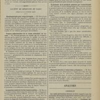 2185 - Page 2177 - Sociétés savantes. Société médicale des Hôpitaux. (Séance du 28 novembre 1913). L'amino-acidémie. MM. Marcel Labbé et Henri Bith / Société de médecine de Paris. (Séance du 22 novembre 1913). Oesophagoscopie pour corps étrangers. M. Houlié / Tumeur inflammatoire de la cuisse stimulant un sarcome. M. Peraire / La ponction exploratrice des tumeurs solides. M. Mauté / Traitement de la paralysie générale par l'arsenobenzol. M. Leredde / Rapports sexuels et tuberculose pulmonaire. M. Boureille / Analyses. Chirurgie. Les replis peritonéaux foetaux et leurs rapports avec les occlusions chroniques et aiguës de l'intestin grêle et du gros intestin. (Joseph Rilus Eastman. Journ. amer. med. Assoc...) - Problèmes chirurgicaux de la stase intestinale, considérés au point de vue anatomique. (John E. Summers. Ibid...). [F. Gardner]