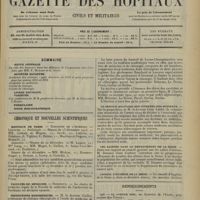 2337 - Page 2329 - Sommaire / Chronique et nouvelles scientifiques. Hôpitaux de Paris / Facultés de médecine / Distinctions honorifiques / Académie des sciences / Le service militaire des internes des Hôpitaux / Les aliénés dans le département de la Seine / Conseil d'hygiène de la Seine / Renseignements