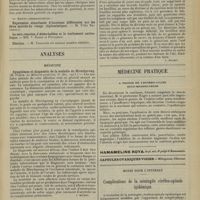 0343 - Page 333 - Sociétés savantes. Société de biologie. (Séance du 14 février 1914). Sur le séro-diagnostic de la tuberculose. MM. E. Debains et F. Jupille / Analyses. Médecine. Symptômes et diagnostic de la maladie de Hirschprung. (H. Porte. Le Médecin praticien...) [J. Milhit] / Le sevrage normal. (A. Moussous et E. Leuret. Journ. de méd. de Paris...) [J. Milhit] / Médecine pratique. A propos de l'entéro-colite muco-membraneuse / Notes pour l'internat. Complications de la méningite cérébro-spinale épidémique