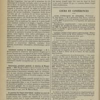 0404 - Page 396 - Sociétés savantes. Société médicale des hôpitaux. (Séance du 20 février 1914). La débilité surrénale et les accidents dus au salvarsan. M. Emile Sergent, sur la communication de M. Joltrain a inspirées à MM. Milian et L. Bernard / Inhalateur oxyfume du Docteur Braunberger. M. L. Rénon / Saturnisme, paralysie générale et réaction de Wassermann. MM. Sicard et Reilly / La ponction du disque intervébral : incident au cours de la rachicentèse chez l'enfant. M. Pierre Merle... / Cours et conférences. Cours d'opérations et appareils. (Professeur : M. Aug. Broca) / Clinique annexe d'oto-rhino-laryngologie. (Hôpital Lariboisière, service de M. Pierre Sebileau) / Avis