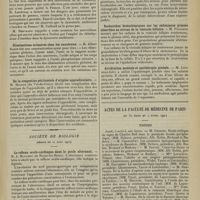 0593 - Page 589 - Sociétés savantes. Académie de médecine. (Séance du 24 mars 1914). Les « porteurs de germes » importateurs de maladies exotiques, particulièrement de la dysenterie amibienne. MM. L. Landouzy et Robert Debré / Éliminations urinaires chez les cancéreux. M. Albert Robin / De la congestion péritonéale d'origine appendiculaire. M. Mignon... / Société de biologie. (Séance du 21 mars 1914). Le réflexe oculo-cardiaque dans le pouls alternant. M. A. Mougeot... / Recherche des antigènes et des anticorps dans l'urine des tuberculeux. MM. Fernand Arloing et René Biot / Recherches histochimiques sur les substances grasses absorbées au niveau de la vésicule biliaire. M. Policard / Arriération mentale et opothérapie pinéale. M. Léopold-Lévi / Actes de la Faculté de médecine de Paris du 30 mars au 4 avril 1914. Thèses / Avis