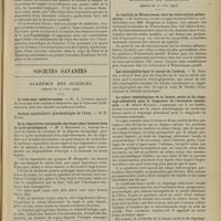 0773 - Page 777 - La névrose obsidionale ; par M. J. Laumonier / Sociétés savantes. Académie des sciences. (Séance du 14 avril 1914). Le kala-azar méditerranéen. M. A. Laveran / De la répartition rationnelle des repas chez l'homme dans le cycle nycthéméral. M. J. Bergonié / Académie de médecine. (Séance du 21 avril 1914). La réaction de Wassermann chez les tuberculeux pulmonaires. M. Letulle, en collaboration avec MM. Bergeron et Lépine / Les éosinophiles dans le cancer de l'utérus. M. Siredey / La valeur séméiologique de la fausse ascite et du clapotage abdominal pour le diagnostic de l'occlusion intestinale. M. Albert Mathieu / Expériences sur le traitement de l'asthme par les injections intratrachéo-bronchiques. M. Bourgeois, imaginé par Ephraïm...