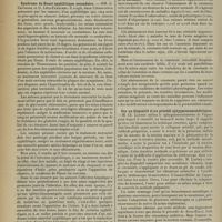 0904 - Page 908 - Sociétés savantes. Société médicale des hôpitaux. (Séance du 8 mai 1914). Syndrome de Hanot syphilitique secondaire. MM. G. Caussade et Lévi-Franckel / Abaissement de la constante uréo-sécrétoire au-dessous de la normale. MM. Achard et Leblanc / Sur un dispositif et un procédé sphygmomanométriques. M. Ch. Laubry / Zona avec paralysie faciale, troubles trophiques et sensitifs de la muqueuse linguale. MM. Félix Ramond et Poirault