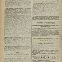 0938 - Page 942 - Sociétés savantes. Société de biologie. (Séance du 9 mai 1914). Le réflexe oculo-cardiaque au cours de l'intoxication diphtérique. MM. Aviragnet, H. Dorlencourt et H. Bouttier / L'auto-hémolyse et la séro-hémolyse. L'auto-hémolyse in vivo et la bilirubigénie. M. G. Froin / Présentation d'un polygraphe clinique à inscription rectiligne. M. Mougeot / Vaccination anticholérique. Absence de sensibilisation. MM. Slatineano et Mihaïesti / Société française de stomatologie. (Séance du 7 mai 1914). Canine incluse dans la voûte palatine. M. Lebedinsky / Etude clinique de la terminologie des anomalies facio-maxillo-dentaires. M. Frey / Les mutilations dentaires au Congo français. M. Tournier... / Memento thérapeutique. Gastro-entérite des nourrissons (Diarrhée verte, choléra infantile) / Actes de la Faculté de médecine de Paris du 25 au 30 mai 1914. Examens de doctorat