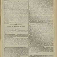 0953 - Page 957 - Sociétés savantes. Société de neurologie. (Séance du 7 mai 1914). Macrogénitosomie. MM. Colin et Heuyer / Ophtalmoplégie périodique. M. Chatelin / Paralysie faciale dans le zona. M. Souques / Société de médecine de Paris. (Séance du 8 mai 1914). Tumeur pararénale gauche. M. Cathelin / Fistule uretéro-vaginale. M. Cathelin / Mobilisation et assouplissement des scolioses graves. M. Sandoz / Du traitement endo-bronchique de l'asthme. M. Guisez / Du diagnostic chimique de l'appendicite ou de la salpingite. MM. Peraire et Boyet / Avis