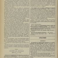 0998 - Page 1002 - Sociétés savantes. Académie de médecine. (Séance du 26 mai 1914). La loi sur les aliénés. M. Thoinot / Le virilisme surrénal. M. Tuffier / Société de biologie. (Séance du 23 mai 1914). Etude sur la fragmentation des hématies en granules ou phénomène de la globuloclasie. M. G. Froin / D'un rapport entre la tension artérielle et la quantité des plaquettes du sang chez l'homme. MM. L. Le Sourd et Ph. Pagniez / Analyses. Chirurgie. Le diagnostic de l'hypertrophie thymique et la symptomatologie de l'hyperthymisme. (Philip H. Sylvester. The Boston med. and surg. Journ...) [P. Chastenet de Géry]