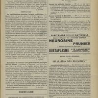 1193 - Page 1197 - Analyses. Chirurgie. Greffe vasculaire. Preuve de la vitalité du greffon par une double greffe. (Paul Moure. Bull. de la Soc. anat...) [L. Alquier] / Neurologie. Sur les aliénations mentales d'origine syphilitique. (A. Marie. Arch. de neurol...) [L. Alquier] / Epithélioma de l'estomac avec généralisations multiples chez un dément. (Vigouroux et Pruvost. Bull. de la Soc. anat...) [L. Alquier] / Formulaire. Albuminurie des cardiopathies artérielles / Articles originaux des principales publications françaises et étrangères. Journal de médecine interne / Journal médical de Bruxelles / Lyon chirurgical / Notes pour l’internat. Dilatation des bronches