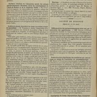 1238 - Page 1242 - Sociétés savantes. Académie de médecine. (Séance du 30 juin 1914). La guérison de la tuberculose du rein est-elle possible ? M. Castaigne / Quelques résultats de l'adaptation sociale des enfants psycho-anormaux éducables, sortis de l'enseignement de l'École de Bicêtre et de la fondation Vallée. M. Roubinovitch / Greffe de la glande thyroïde d'un singe à un enfant atteint de myxoedème. M. Voronoff / Élections / Société de biologie. (Séance du 28 juin 1914). Différenciation des paraméningocoques entre eux par la saturation des agglutinines. MM. Dopter et Pauron / Production de la fibrillation des oreillettes par voie nerveuse au moyen de l'excitation du pneumogastrique. MM. Morat et Petzetakis / Localisation du brome thérapeutique dans l'organisme. MM. Paul Carnot et Jean Coirre