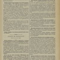 1239 - Page 1243 - Sociétés savantes. Société de biologie. (Séance du 28 juin 1914). Localisation du brome thérapeutique dans l'organisme. MM. Paul Carnot et Jean Coirre / Toxicité comparative du camphre et de l'huile camphrée M. Paul Carnot et Mme Valentine Caïris, à l'instigation du Professeur Marfan / Société de neurologie. (Séance du 25 juin 1914). Kystes hydatiques du cerveau découverts à l'autopsie d'un malade ayant succombé à un ramollissement cérébral. MM. de Massary et P. Lechelle / Sur un cas de chorée chronique d'Huntington avec examen anatomique. M. J. Lhermitte / Etude des deux variétés d incrustation des cellules nerveuses. M. J. Lhermitte / Dissociation de la sensibilité dans une paraplégie. M. Jumentié / Méningite tuberculeuse avec tubercules corticaux disséminés. MM. P. Marie et Foix / Sur les lésions médullaires de la paraplégie pottique. MM. Marie et Foix / Lésions corticales de la chorée aiguë, corps microbiens. M. Tinel
