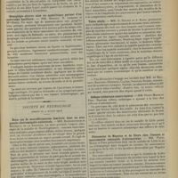 1389 - Page 1393 - Sociétés savantes. Société médicale des Hôpitaux. (Séance du 24 juillet 1914). Recherches sur les maladies alimentaires par « carence ». MM. Weill et G. Mouriquaud... / Hémiplégie alterne chez un syphilitique porteur d’un anévrisme bacillaire. MM. Siredey, H. Lemaire et Mlle Denis / Société de neurologie. (Séance du 9 juillet 1914). Deux cas de neurofibromatose familiale dont un avec pseudo-cheiromégalie unilatérale. MM. Roubinovitch et Régnauld de la Soudière / Troubles cérébelleux dans deux cas de compression de la fosse cérébrale postérieure. M. Thomas / Tabes sénile. MM. G. Roussy et A. Rapin / Réflexe rythmique contro latéral. MM. Pierre Marie et Foix / Phénomène de Magniez et de Kleyn chez l’homme et mouvements conjugués d’automatisme. MM. Pierre Marie et Foix