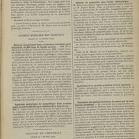 0147 - Page 139 - Sociétés savantes. Académie de médecine. (Séance du 11 février 1919) / Société médicale des hôpitaux. (Séance du 14 février 1919). Deux cas de guérison d'ascite cirrhotique alcoolique après évacuation de 200 litres de liquide environ. MM. Henri Dufour et Le Hello, tout dernièrement, MM. Letulle, Courtois-Suffit et Giroux / Syndrome paralytique du sympathique droit accompagnant un anévrisme des gros vaisseaux de la base du cou. MM. L. Lortat-Jacob et G.-L. Hallez / Société de chirurgie. (Séance du 5 février 1919). Thrombose artérielle. M. Veau, sur une observation adressée par MM. Bonnet et Omont / Ablation de projectiles sous l'écran radioscopique. M. Mauclaire, sur plusieurs notes adressées par M. Robert Didier / Anévrisme de la carotide primitive et de la jugulaire. M. Cotte / Traitement des plaies articulaires du genou par la mobilisation immédiate. M. Cotte, une communications sur l'emploi procéde de Willems