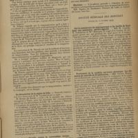 1003 - Page 1011 - Sociétés savantes. Académie de médecine. (Séance du 22 octobre 1919). Discussion sur l'appendicite. M. Bazy / La dévastation de la région de Lille. M. Calmette / La lutte officielle contre la tuberculose bovine. M. Moussu / Rapport sur les eaux minérales. M. Meillère / Elections / Société médicale des hôpitaux. (Séance du 17 octobre 1919). Sur la coexistence du méningocoque et du bacille de Koch dans une méningite cérébro-spinale. MM. H. Claude, H. Schoeffer et Mlle Bernard / Traitement de la syphilis nerveuse chronique. Les éléments de contrôle de la médication. MM. Sicard, Haguenau et Kerdelski / Présentation d'un sphygmotensionmètre. MM. Vaquez et Laubry