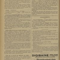 0090 - Page 82 - Informations. Commission supérieure consultative d'hygiène et d'épidémiologie militaires / Marine / Hommage au Professeur Sebileau / Propagande contre nos stations thermales / Nécrologie / Cours de la Faculté de médecine de Paris. Laboratoire de bactériologie / Notes de pratique. Surcharge graisseuse du coeur / Renseignements