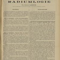 0325 - Page 317 - Analyses et indications bibliographiques. Radiumlogie ; par Simone Laborde... Technique. Étude du rayonnement γ à l'aide d'un ionomicromètre. (L. Mallet et G. Danne. Journ. de radiol. et d'électrol...) / Etude du rayonnement γ dans les tissus. Sa notation dosimétrique. (R. Proust et L. Mallet. Congrès de l'Assoc. franç. pour l'avanc. des sc...) / Physio-biologie. Contribution à la connaissance du mécanisme d'action des rayons X sur les tumeurs spontanées chez la souris. (J. B. Murphy, J. Maisin et Sturn. Comptes rendus des séances de la Soc. de biol., Soc. belge...) / Modes d'action des rayons X sur les tissus. Peut-on modifier expérimentalement la radiosensibilité ? (Jolly. Bull. de l'Acad. de méd...)