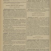 1444 - Page 1436 - Sociétés savantes. Académie de médecine. (Séance du 2 novembre 1926). Dieppe, station balnéaire et climatique. M. Desgrez, un mémoire de M. André Cussac sur Dieppe / Société médicale des hôpitaux. (Séance du 29 octobre 1926). Pleurésie putride chez un vieillard. Pleurotomie minima. Guérison complète et rapide. MM. Maurice Renaud et Peytavin / Polyadénomatose colo-sigmoïdienne. MM. Grenet et Delarue / Abcès du foie dysentérique. Mme Panayatou... / La dysankie, défauts d'extension du code, en pathologie congénitale. M. André Léri / Nanisme exostosique. MM. Rathery et Julien Marie / L'hémorragie méningée de la paralysie générale au début. M. R. Targowla / Récidive mortelle, après dix-sept ans, d'une gangrène pulmonaire subaiguë et localisée. MM. J. Haguenau et Gilbert-Dreyfus / Hématologie de la suette miliaire. M. Leblaye / Société de biologie. (Séance du 23 octobre 1926 [suite]). Réclamation de priorité. M. Lapicque / (Séance du 30 octobre 1926). La teneur en glutathion réduit des diverses variétés de muscles chez le lapin. MM. A. Blanchetière et Léon Binet / Action neutralisante des microbes tués sur le pouvoir bactéricide du sérum humain. M. Alexandre Georgevitch / Recherches sur la réinfection tuberculeuse du cobaye. M. Jean Paraf