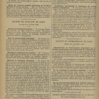 1446 - Page 1438 - Sociétés savantes. Société de biologie. (Séance du 30 octobre 1926). Recherches sur la réinfection tuberculeuse du cobaye. M. Jean Paraf / Etude des réactions cutanées provoquées par le filtrat stérilisé de bacilles de Koch. MM. Ch. Mantoux et Jean Paraf / Société de médecine de Paris. (Séance du 20 octobre 1926). Cultures de bacilles tuberculeux. M. Georges Rosenthal / Faits de pneumothorax thérapique. M. Georges Rosenthal / Etiologie et prophylaxie des oreillons. M. Y. Kermorgant / Migraine et traitement thyroïdien. M. Jacques Sédillot / Périthoracothérapie et thermothorax. M. Dartigues, au nom de M. Jules Tussau... / Insuffisance fonctionnelle et anatomique du système veineux périphérique. M. Delater / Société de stomatologie de Paris. (Séance du 18 octobre 1926). Démonstration de l'entraînement respiratoire par la méthode spiroscopique avec présentation de l'appareillage / Un cas d'ostéome du maxillaire supérieur. M. Gornouec / Sur un cas de fracture double de la mâchoire inférieure. M. Herpin / Société médico-chirurgicale de la région de Saint-Germain-en-Laye. (Séance du 10 octobre 1926)