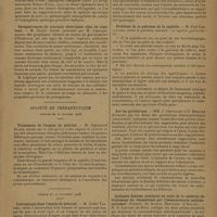 0017 - Page 9 - Sociétés savantes. Société de biologie. (Séance du 8 décembre 1928). Splénite mycosique spontanée et expérimentale. M. Nanta / Enregistrement de courants électriques chez les végétaux. M. Daniel Auger (présenté par M. Lapicque) / Société de thérapeutique. (Séance du 10 octobre 1928). Traitement de l'angine de poitrine. M. Sigismond Bloch / (Séance du 14 Novembre 1928). L'aérophagie dans l'angine de poitrine. M. André Tardieu / Problème de la guérison de la syphilis. M. Paul Chevallier / Sur les pyréthrines. MM. J. Chevalier et F. Mercier / Quelques données pratiques au sujet de la conduite du traitement du rhumatisme par l'immunovaccin antirhumatismal (Formule du docteur Bertradd)... M. R. Lautier...