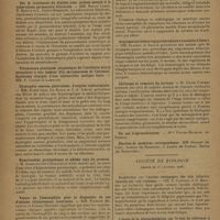 0034 - Page 26 - Sociétés savantes. Société médicale des hôpitaux. (Séance du 14 décembre 1928). Diabète et tuberculose traités par l'insuline. M. Lenoir / Sur le traitement du diabète avec acidose associé à la tuberculose pulmonaire bilatérale. MM. Marcel Labbé, R. Boulin et L. Justin-Besançon / Dystrophie osseuse généralisée, d'origine indéterminée. MM. André Leri, Le Rasle et J.-A. Lièvre / Hypertension paroxystique et oedème aigu du poumon. M. Aubertin / Valeur de l'éosinophilie pour le diagnostic de cas d'asthme cliniquement incertains. MM. Fernand Bezançon et Etienne Bernard / (Séance du 21 décembre 1928). Erythrocyanose du bras provoquée par le mouvement. MM. Pagniez et Robert Sicard / Angiomatose hémorragique héréditaire (maladie d'Osler). MM. Flandin et Soulié / Chirurgie et tumeurs du cerveau. M. Clovis Vincent / Société de biologie. (Séance du 15 décembre 1928). Recherches sur l'action cholagogue des sels biliaires injectés par voie veineuse. MM. E. Chabrol et M. Maximin / L'étude de la glycorégulation par le test de tolérance à l'insuline. M. Sendrail