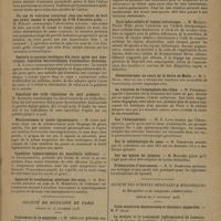0037 - Page 29 - Sociétés savantes. Société des chirurgiens de Paris. (Séance du 21 décembre 1928). Parasites intestinaux et colibacillurie. M. Peugniez / Inversion utérine totale postpartum. Infection puerpérale. Hystérectomie abdominale totale après réduction. Guérison. M. Bonamy / Un cas de volvulus intestinal chez une enfant de huit ans ayant amené le sphacèle de 1m 05 d'intestin grêle. M. Bonamy / Embolie et syncope cardiaque dix jours après une laparotomie. Injection intracardiaque d'adrénaline. Guérison. M. Lutaud / Résultats des trois résections du nerf présacré. M. Mornard / Méniscectomie et laxité ligamentaire. M. Lamy / Condylite hypertrophique du maxillaire inférieur. M. Dufourmentel / Appareil de localisation plastique des seins. M. Dartigues, au nom de M. Madureira / Société de médecine de Paris. (Séance du 24 novembre 1928). Traitement de la migraine. M. Sédillot / Déplissement du pavillon de l'oreille ; correction plastique. M. Bourguet / Sur la technique de l'auscultation pulmonaire. M. Melamet / Cure radio-solaire et rayons infrarouges. M. Mathieu-Pierre Weil / Chimiothérapie au cours de la fièvre de Malte. M. J. Seval / La viciation de l'atmosphère des villes. M. Filderman / Sur l'hémospermie. M. G. Luys / Sur la radiothérapie du zona. M. Schaeffer / Sur les kystes du prépuce. M. Mouchet / Présentation d'instrument. M. G. Rosenthal / Société des sciences médicales & biologiques de Montpellier et du Languedoc méditerranéen. (Séance du 1er novembre 1928). La douleur et le traitement hydrominéral de Lamalou. M. G. Cauvy