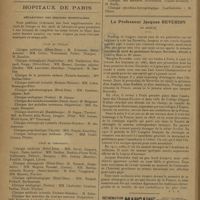 0120 - Page 110 - Informations. Avis de concours / Hôpitaux de Paris. Répartition des services hospitaliers / Le professeur Jacques Reverdin... [Nécrologie]