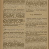0128 - Page 122 - Sociétés savantes. Société médicale des hôpitaux. (Séance du 11 janvier 1929). Néphrite avec syndrome azotémique d'origine mixte. MM. L. Blum, Van Caulaert et Crabar / Syndrome neuro-anémique traité par l'ingestion de foie. Action simultanée et très favorable du traitement sur l'anémie et le syndrome neurologique. MM. Paul Jacquet et Desbuquois / Diabète insipide chez un enfant. Inefficacité du traitement par injection d'extrait hypophysaire. Action remarquable des prises de poudre par voie nasale. MM. Lesné, I. Hutinel, Marquézy et Benoist / Borate de soude et insuline dans les hyperglycémies. MM. Loeper, Lemaire et Ravier / Les grandes oxalémies. MM. Loeper et Tonnet / Néphrite aiguë. Azotémie. Chlorures sanguins et réserve alcaline. MM. F. Rathery et Maurice Rudolf / Reproduction expérimentale des lésions de la maladie de Hodgkin. M. A. Coyon et Mlle Brun / Ictère spirochétosique d'origine fluviale. Inoculation au cobaye négative à la recrudescence. MM. Léon Tixier et Stanislas de Sèze / Abcès streptococcique du poumon droit accompagné d'une pleurésie interlobaire séro-fibrineuse et aseptique. MM. Léon Tixier et Stanislas de Sèze. Société de biologie. (Séance du 12 janvier 1929). Renforcement réciproque des facteurs antigéniques, toxiques et microbiens, dans la préparation des sérums antigagréneux. MM. M. Weinberg et J. Barotte / Nouveaux résultats concernant la vaccination de l'homme contre le tétanos. MM. G. Ramon et Ch. Zoeller