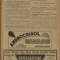 0157 - Page 153 - Sociétés savantes. Société de thérapeutique. (Séance du 12 décembre 1928). La « semi-sclérose ovarienne tuberculeuse ». Nouveau syndrome endocrinien, son traitement. M. Marcel Laemmer / Solutés volatils de sels de cuivre à acides gras. M. R. Huerre / Prospectus pharmaceutiques et noms d'auteurs. M. G. Leven / Diagnostic radiologique gêné par la présence du lipiodol (deux observations). M. Kouchnir / Société de médecine de Paris. (Séance du 14 décembre 1928). Hydarthrose et paraffinothérapie. M. Marcel Joly / Hémospermie toxique. M. Peugnier / Sur les migraines hépato-hypophysaires. M. Léopold-Lévi