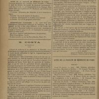 0166 - Page 162 - Sommaire / Informations. Nécrologie / Cours de la faculté de médecine de Paris. Clinique médicale de l'hôpital Saint-Antoine / Amphithéâtre d'anatomie / S. Costa (de Marseille) [Nécrologie]. [Dr M. Romieu...] / Actes de la faculté de médecine de Paris. Thèses