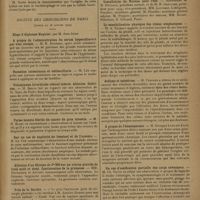 0319 - Page 317 - Sociétés savantes. Société de biologie. (Séance du 16 février 1929). Existence d'une lysine produite par le bactériophage. M. Sertié / Société des chirurgiens de Paris. (Séance du 18 janvier 1929) / A propos de l'administration du sérum hyperchlorure par voie rectale. M. R. Bonneau / Parasites intestinaux et colibacillurie. M. Léo / Volumineux diverticule vésical infecté. Ablation. Guérison. M. Iselin, sur une observation de M. Nora / Forme latente fébrile du cancer du gros intestin. M. H. Blanc / Sur un cas de duplicité du bassinet et de l'uretère. M. Le Fur / Ablation d'un fibrome de 3kg 200 sur un utérus gravide de trois mois et demi. Continuation de la grossesse. MM. Devraigne et Arviset / Prix de la société / Elections / Société de médecine de Paris. (Séance du 11 janvier 1929). Installation du Bureau pour 1929. M. Duclaux / La sensibilisation physique des tissus néoplasiques. M. A. Tilmant / Asthme et éphédrine. M. Perpere / A propos de l'hémospermie. M. Georges Luys / Un cas d'ossification partielle des corps caverneux. M. Ch. David / (Séance du 26 janvier 1929). Le réflexe glossique chez les pronogrades et les orthogrades. M. Pierre Robin