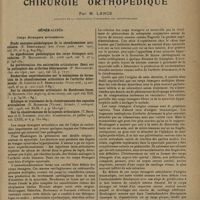 0347 - Page 345 - Analyses et indications bibliographiques. Chirurgie Orthopédique ; par M. Lance... Généralités. Corps étrangers articulaires. Étude anatomo-pathologique de la chondromatose articulaire. (E. Brenckmann. Ann. d'anat. Path...) / La signification pathologiques des corps étrangers articulaires. (P. Moulonguet. Id.) / La pulvérisation des extrémités articulaires. Essai sur la pathogénie des arthrites déformantes. (P. Moulonguet. Gaz. des hôpit.) / Recherches expérimentales sur le mécanisme de formation de la chondromatose articulaire de l'arthrite déformante. (R. Leriche et E. Brenckmann. Presse méd.) / Sur la chondromatose articulaire de Henderson-Jones. (G. Ricciuti. Chir. degli org. di movimento) / Etiologie et traitement de la chondromatose des capsules articulaires. (G. Haberler [Vienne]. Zeitschr. f. orthopäd. chir.) / Sur la chondromatose de la capsule articulaire. (T. Beckman et G. Ivarsson. Acta chir. Scandinavica)