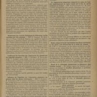 0449 - Page 447 - Sociétés savantes. Société de biologie. (Séance du 9 mars 1929). Mort d'un chien-totalement dépancréaté traité par l'insuline pendant cinquante sept mois. M. E. Hébon / Recherches sur l'action cholagogne de différentes huiles injectées par voie veineuse. MM. E. Chabrol, M. Maximin et J. Porin / L'influence de l'insuline sur l'absorption de glucose par les hématies normales. MM. F. Rathery, R. Kourilsky / Influence de l'insuline sur l'absorption globulaire du glucose chez les chiens diabétiques. MM. F. Rathery, R. Kourilsky et Mlle S. Gibert / Action des radiations sur le système neuro-végétatif. MM. A. Zimmern et P. Chailley-Bert / La régénération hématique comparée au cours de l'anémie expérimentale du lapin traitée par le foie de cheval anémique ou normal. MM. Noël Fiessinger et C.-M. Laur / Étude comparative de l'excitabilité des fibres sécrétoires et des fibres vaso-dilatatrices de la corde du tympan. M. et Mme A. Chauchard / Étude de la chlorémie plasmatique et globulaire chez l'homme normal. M. Laudat / Toxines du B. pertringens et sérums anti-perfringens MM. M. Weinberg et J. Barotte