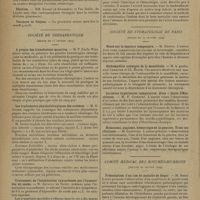 0506 - Page 504 - Sociétés savantes. Académie de médecine. (Séance du 26 mars 1929). Recherches thérapeutiques sur la psoriasis. Sa cure bismuto-arseno-pyridinique. MM. Jausion, Debucquet et Pecker / Election. MM. Khouri / Vacances de pâques / Société de thérapeutique. (Séance du 13 février 1929). A propos des transfusions massives. M. P. Emile Weil / Les traitements physiothérapiques des eczémas. M E. Juster / Traitement de l'intoxication oxycarbonée par l'hyposulfite de soude. M. Artault De Vevey / Chirurgie pulmonaire par le pneumothorax. Nouvelle expérience. Rapport sur les autres méthodes. M. Georges Rosenthal / Société de stomatologie de Paris. (Séance du 22 janvier 1929). Notes sur la denture temporaire. M. Herpin / Ostéomyélite subaiguë de la mandibule. M. le Professeur Lemaitre et Ch. Ruppe / Incisives supérieures temporaires, dites « dents d'Hutchinson. M. F. Ginestet / Hématome, angiome, hémorragie de la gencive. Trois cas cliniques. M. Gornouec / Comité médical des Bouches-du-Rhône. (Séance de janvier 1929). Présentation d'un cas de maladie de Roger. M. Henri / Sténose hypertrophique du pylore à forme aiguë chez un nourrisson. Pylorotomie. Guérison. MM. J. Poucel et M. Massot.