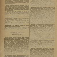 0544 - Page 542 - Sociétés savantes. Société de chirurgie. (Séance du 13 mars 1929). Décollement de l'épiphyse du fémur. M. Mocquot, deux observations de MM. Matry et Philardeau / Luxation en arrière du cubitus avec fracture de la diaphyse radiale. M. Maisonnet, une observation intéressante, due à M. Vanlande / Résultat paradoxal d'une rachi-anesthésie. M. Mathieu, une observation de M. Ferey / Communications. MM. Pierre Duval et Henri Béclère / Présentations. M. de Martel / Société de biologie. (Séance du 16 mars 1929). Sur la chute du pouvoir antitoxique après l'injection d'antigène spécifique et sur la signification de la « phase négative » au cours des vaccinations. M. G. Ramon / Sur la baisse du pouvoir antitoxique provoquée chez l'animal producteur de sérum antidiphtérique, au moyen de substances non spécifiques. MM. G. Ramon, P. Descombey et P. Valot / Action de l'acétylcholine sur la glycémie. MM. Marcel Labbé, F. Nepveux et L. Justin-Besançon / Recherches sur le muscle bronchique isolé. Action des poisons du sympathique et du para-sympathique. MM. M. Villaret, L. Justin-Besançon et Vexenat / Action sur le muscle bronchique isolé de la phényléthyl-malonylurée, de la cicutine et des arsénobenzèmes. MM. M. Villaret, L. Justin-Besançon et Vexenat / Action préventive du mercure liposoluble dans la syphilis expérimentale. MM. C. Levaditi et L. Lépine / Exaltation de la virulence pour le lapin d'une souche herpéto-encéphalitique ayant passé dans le cerveau du singe. M. P. Lépine