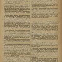0545 - Page 543 - Sociétés savantes. Société de biologie. (Séance du 16 mars 1929). Les peptones donnent-elles par l'hydrolyse acide directe des substances réductrices. M. Brocq-Rousseu, Mme Z. Gruzewska et M. G. Roussel / Sur l'absorption globulaire du glucose. MM. F. Rathery et R. Kourilsky / Chronaxie et lois d'excitation du pneumogastrique dans son action inhibitrice sur la respiration. M. Miguel ozorio de Almeida, M. et Mme Chauchard / Appareil permettant de tracer les ordonnées sur papier enfumé. M. J. Gautrelet / Sur les propriétés agglutinantes du sérum de lapins neufs. MM. J. Davesne et C. Sanchez / Le mercure liposoluble dans la syphilis humaine. MM. L. Fournier, L. Guenot et A. Schwartz / Influence de l'intoxication par l'oxyde de carbone sur l'immunité. MM. P. L. Kandiba et E. Dawydowa / Lésions ganglionnaires à type lympho-granulomateux observées sur le cobaye inoculé avec les organes d'un foetus humain infecté à travers le placenta par le virus tuberculeux filtrable. M. Aldo Martinolli / Modifications histologiques des ganglions lymphatiques du cobaye inoculé avec les éléments de virus tuberculeux filtrable. MM. F. Arloing, Favre, Josserand et Charachon