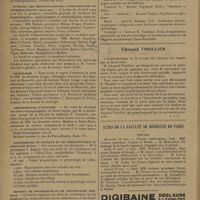 0736 - Page 734 - Informations. Distinctions honorifiques / Syndicat des dermatologistes, syphiligraphes et vénéréologistes français / Nécrologie / Amphithéâtre d'anatomie / Conférences de clinique et de thérapeutique du dimanche matin. Six leçons sur les néphrites / Institut de psychiatrie et de prophylaxie mentale / Édouard Thiollier. [Nécrologie] / Actes de la faculté de médecine de Paris. Thèses