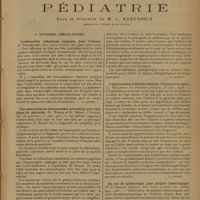 0755 - Page 753 - Analyses et indications bibliographiques. Pédiatrie sous la direction de M. L. Babonneix... I. Appareil circulatoire. L'endocardite infectieuse subaiguë dans l'enfance. (B. Schlesinger. Brit. Journ. of child. dis.) / Une observation de thoracectomie précordiale pour symphyse du péricarde. (R. Worms et R. Merle d'Aubigné. Soc. de pédiatrie) [R. Levent] / L'angine de poitrine chez l'enfant. Observations et réflexions sur la pathogénie. (E. J. Stolkind. Brit. Journ. of child. dis.) [R. Levent] / L'hypertension artérielle infantile. Fréquence et valeur. (L. Pellissier. La Pédiatrie pratique) [R. Levent] / Un cas de splénectomie pour purpura hémorragique. (H. H. Chodak Gregory. Brit. Journ. of child. dis.) [R. Levent]