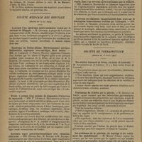 0816 - Page 814 - Sociétés savantes. Académie de médecine. (Séance du 28 mai 1929). Applications du sérum de bovidés jeunes à la thérapeutique infantile. Mme le Docteur G. Pouchet-Souffland / Election / Société médicale des hôpitaux. (Séance du 17 mai 1929). A propos d'un syndrome neuro-anémique traité par la méthode de Whipple. M. Crouzon, à propos de la récente communication de M. Dereux / Syndrome de Stokes-Adams. Rétrécissement aortique. Endocardite végétante sous-aortique. Mort subite. MM. A. Lemierre et Maurice Rudolf / Etude, à propos d'un malade, du diagnostic d'infarctus du myocarde. MM. P. Léchelle, Bergenstein et Boucomont / Azotémie aiguë postarsenobenzolique avec rétention chlorurée. MM. Etienne May, M. Kaplan et M. Bolgert / L'action des lysats vaccins polymicrobiens administrés par injections sous-cutanée ou par voie intranasale sur les manifestations et complications respiratoires de la grippe. MM. Ch. Flandin et L. Duchon / A propos de deux cas d'agranulocytose chez des syphilitiques, dont l'un survenu après traitement par le bismuth. MM. Aubertin, Blankstein et Lehmann / Guérison ou rémission exceptionnelle dans trois cas de méningites tuberculeuses traitées par l'allergine. MM. A. Jousset et Périsson / Société de thérapeutique. (Séance du 13 mars 1929). Une station thermale de Grèce : les eaux de Loutraki. M. Athanassoulas / Traitement du diabète par le pétrole. M. Artault De Vevey / Les problèmes de la guérison, du mariage et du traitement des syphilitiques. M. Marcel Pinard